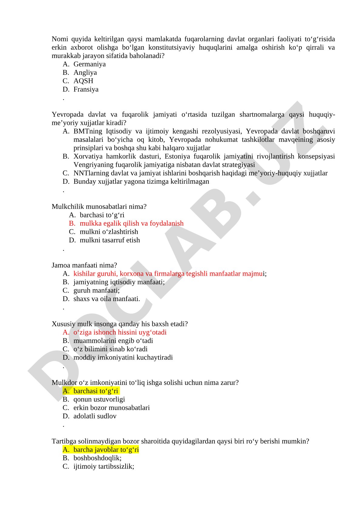 Davlat boshqaruvi va fuqarolik jamiyati bo‘yicha test savollari
