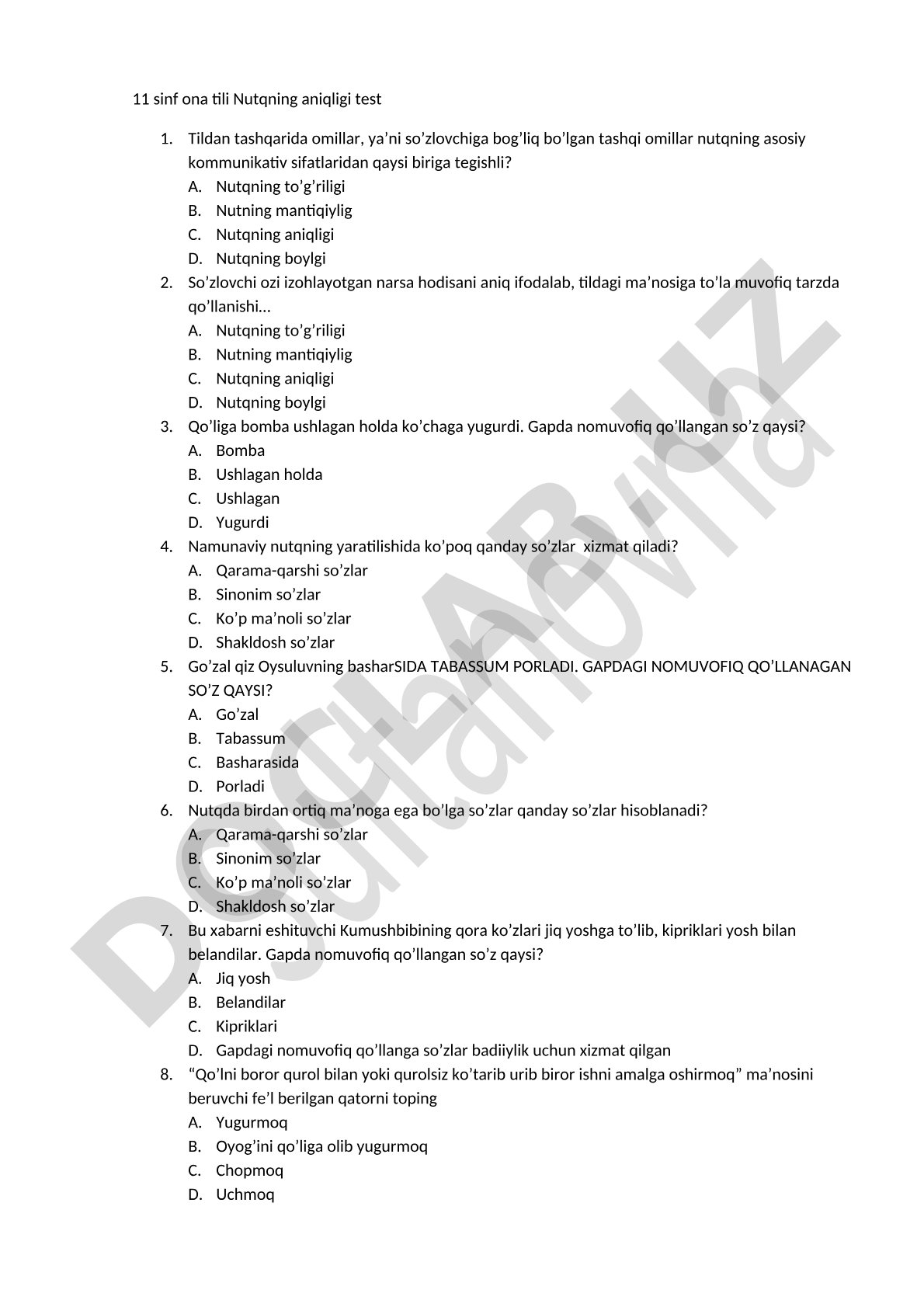 11 sinf ona tili Nutqning aniqligi test