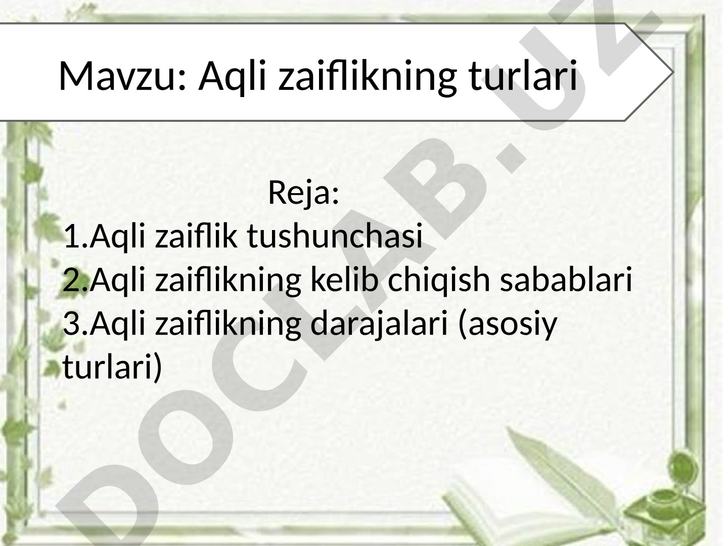 Aqli zaiflik tushunchasi, sabablari va darajalari haqida taqdimot