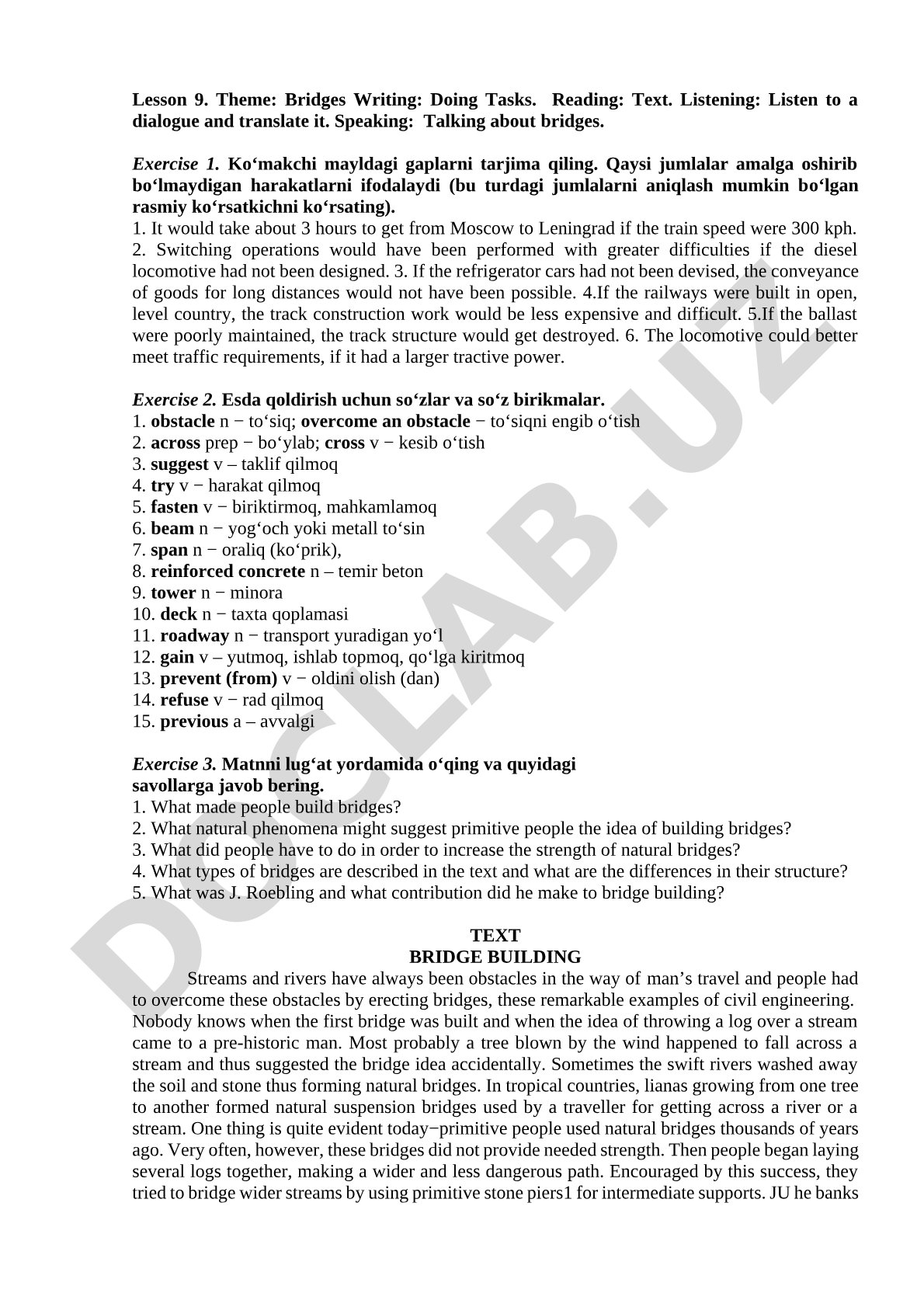 Bridges: Grammar and Vocabulary Exercises