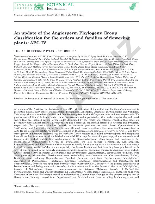 An update of the Angiosperm Phylogeny Group classification for the orders and families of flowering plants: APG IV