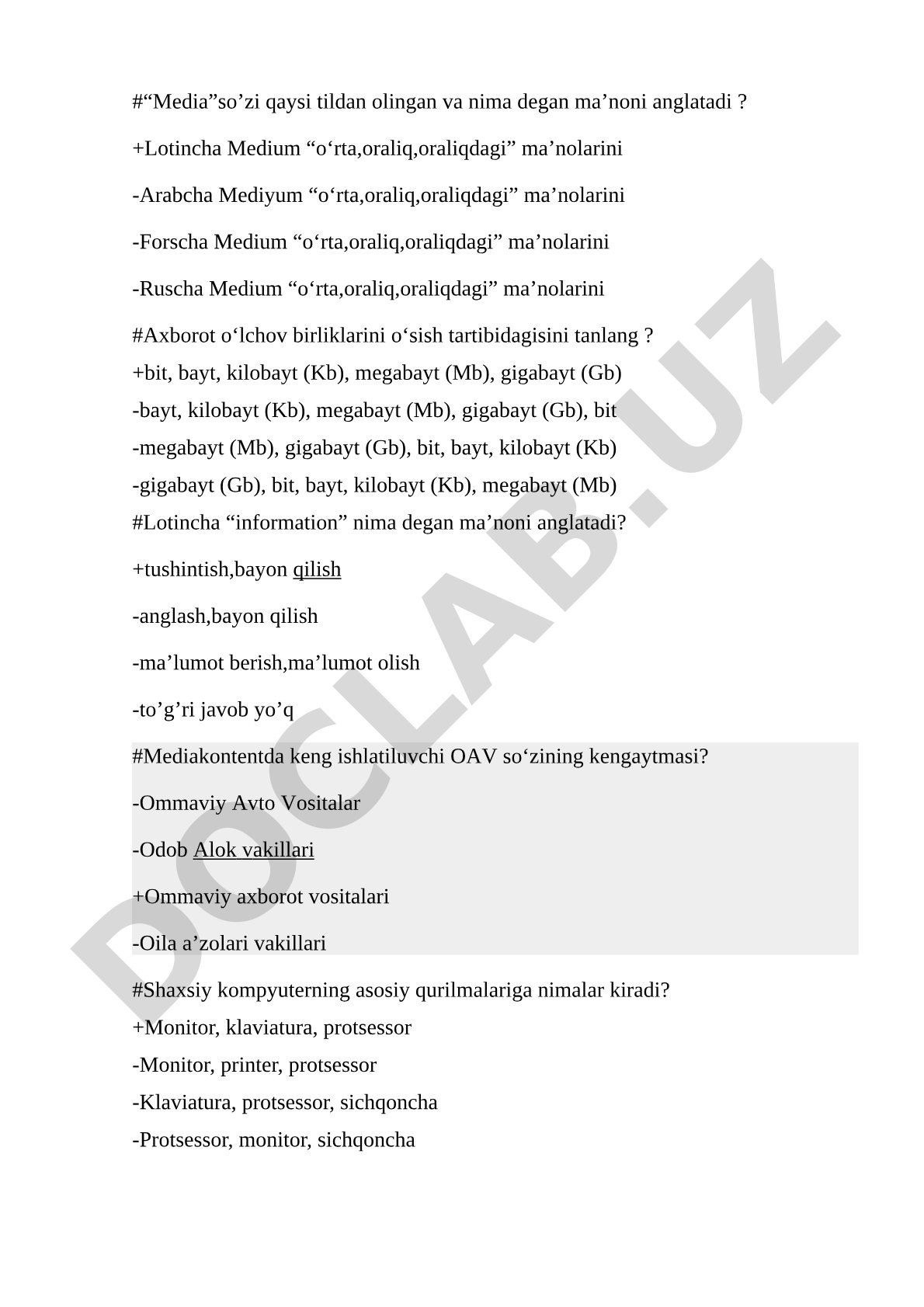 Media, axborot va kompyuter qurilmalari testi