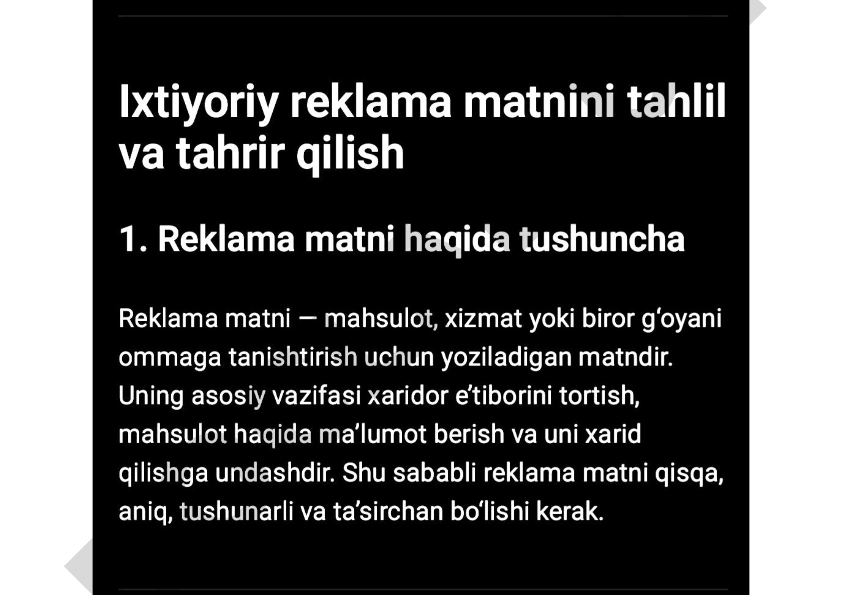 Ixtiyoriy reklama matnini tahlil va tahrir qilish