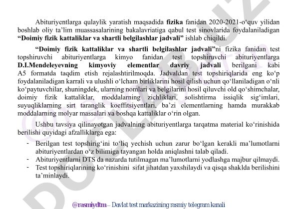 Doimiy fizik kattaliklar va shartli belgilashlar jadvali