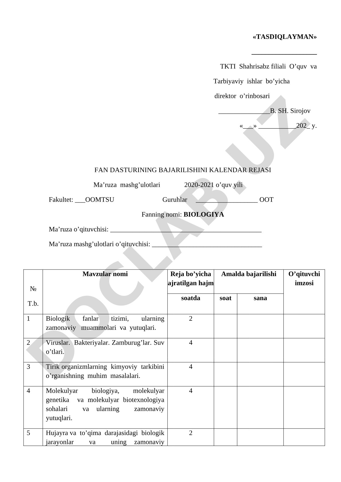 Biologiya fanidan ma'ruza mashg'ulotlari kalendar rejasi