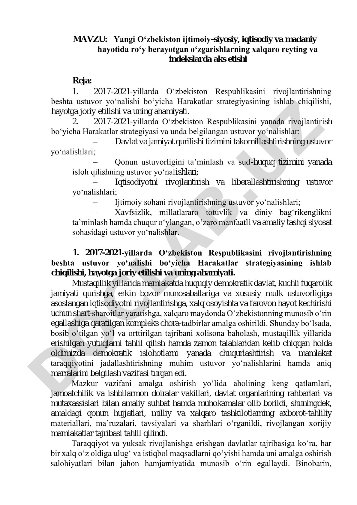 Yangi O‘zbekiston ijtimoiy-siyosiy, iqtisodiy va madaniy hayotida ro‘y berayotgan o‘zgarishlarning xalqaro reyting va indekslarda aks etishi
