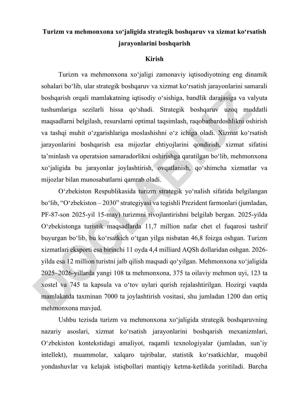 Turizm va mehmonxona xo'jaligida strategik boshqaruv va xizmat ko'rsatish jarayonlarini boshqarish
