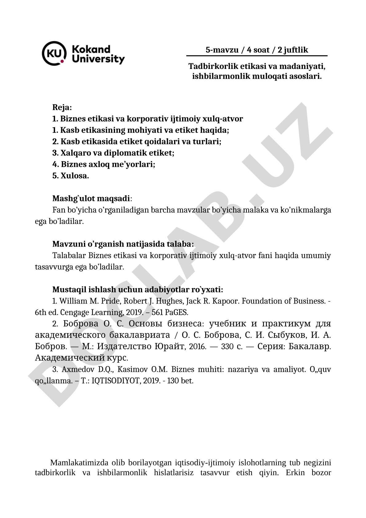 Tadbirkorlik etikasi va madaniyati, ishbilarmonlik muloqati asoslari