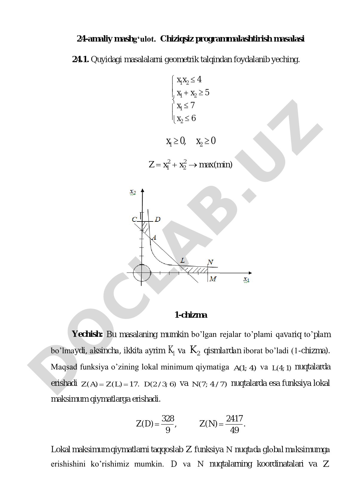 24-amaliy mashg‘ulot. Chiziqsiz programmalashtirish masalasi