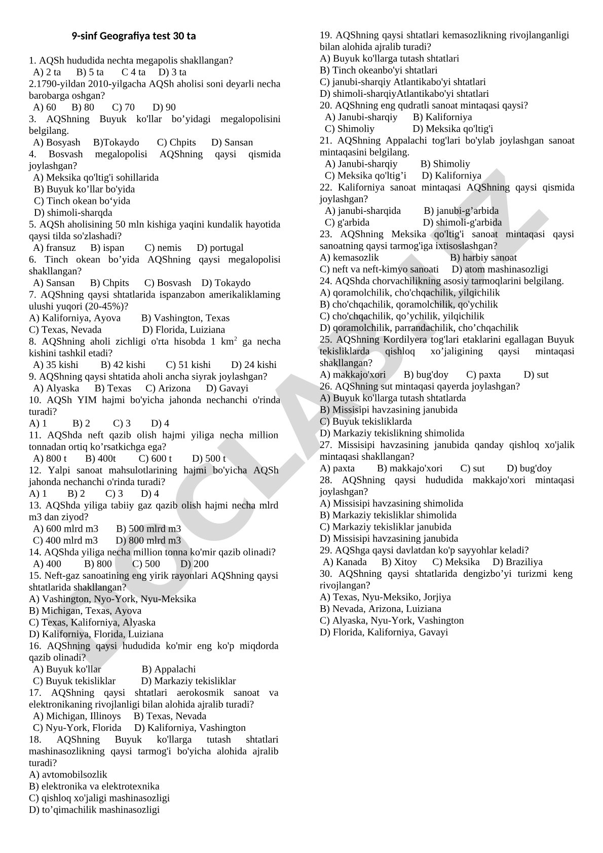 9-sinf Geografiya test: AQSh
