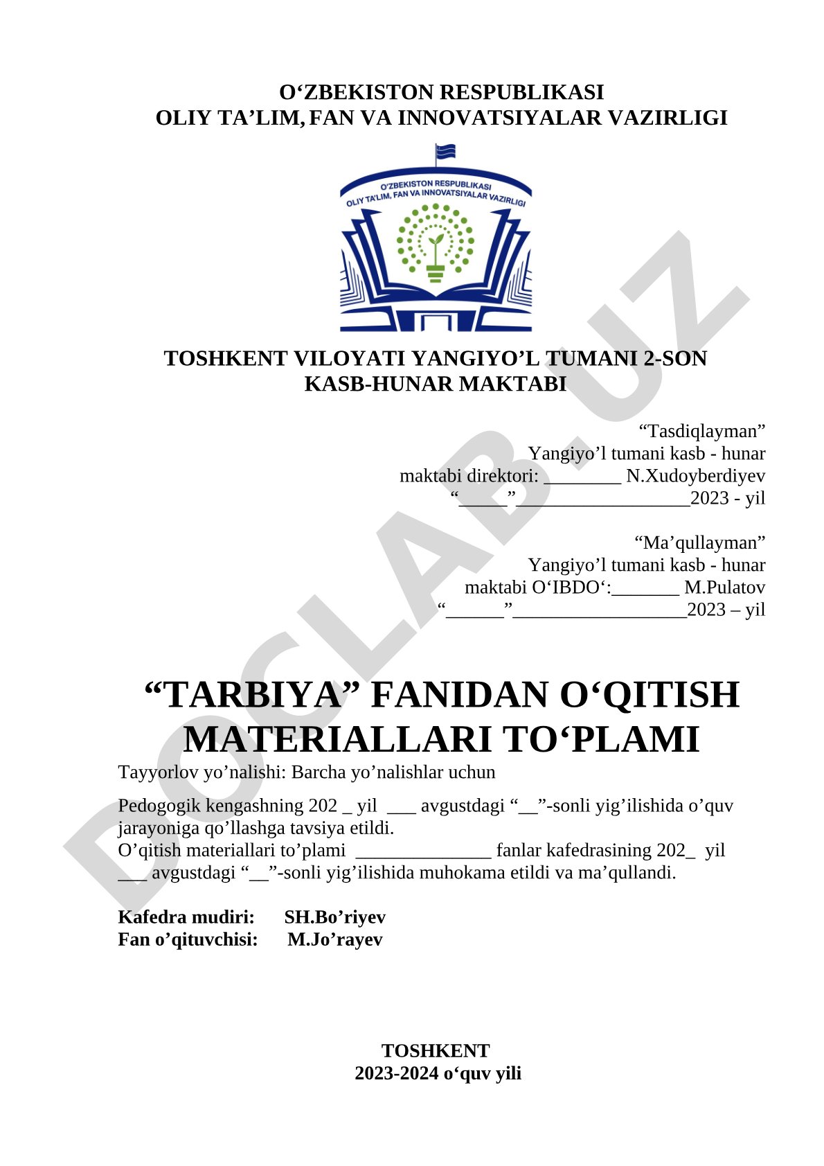 Tarbiya fanidan o‘qitish materiallari to‘plami