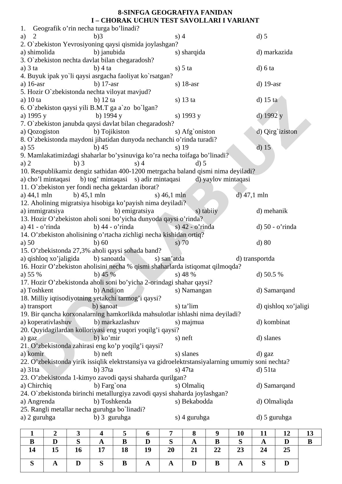 8-sinf geografiya fanidan I chorak test savollari I variant