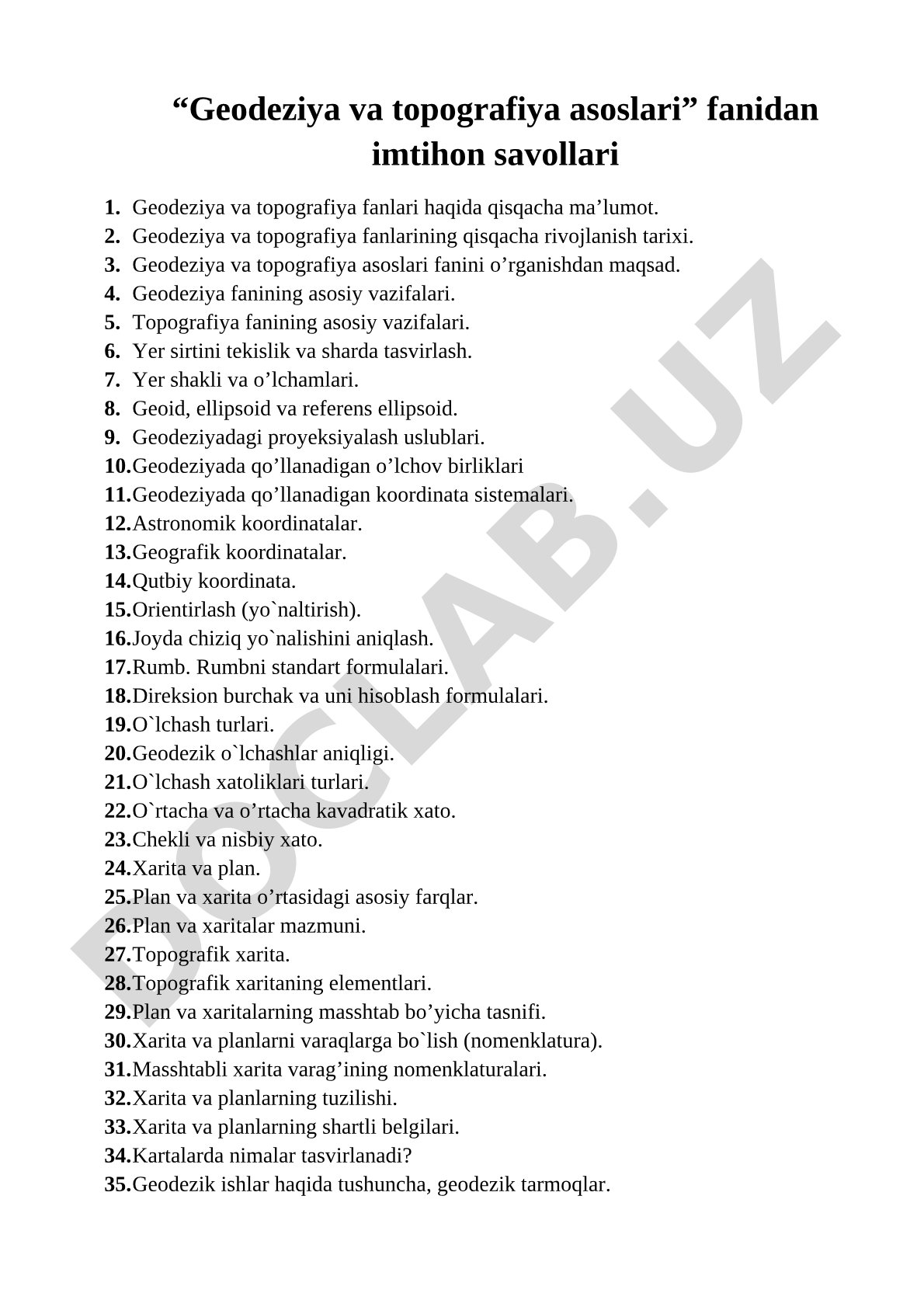 Geodeziya va topografiya asoslari fanidan imtihon savollari