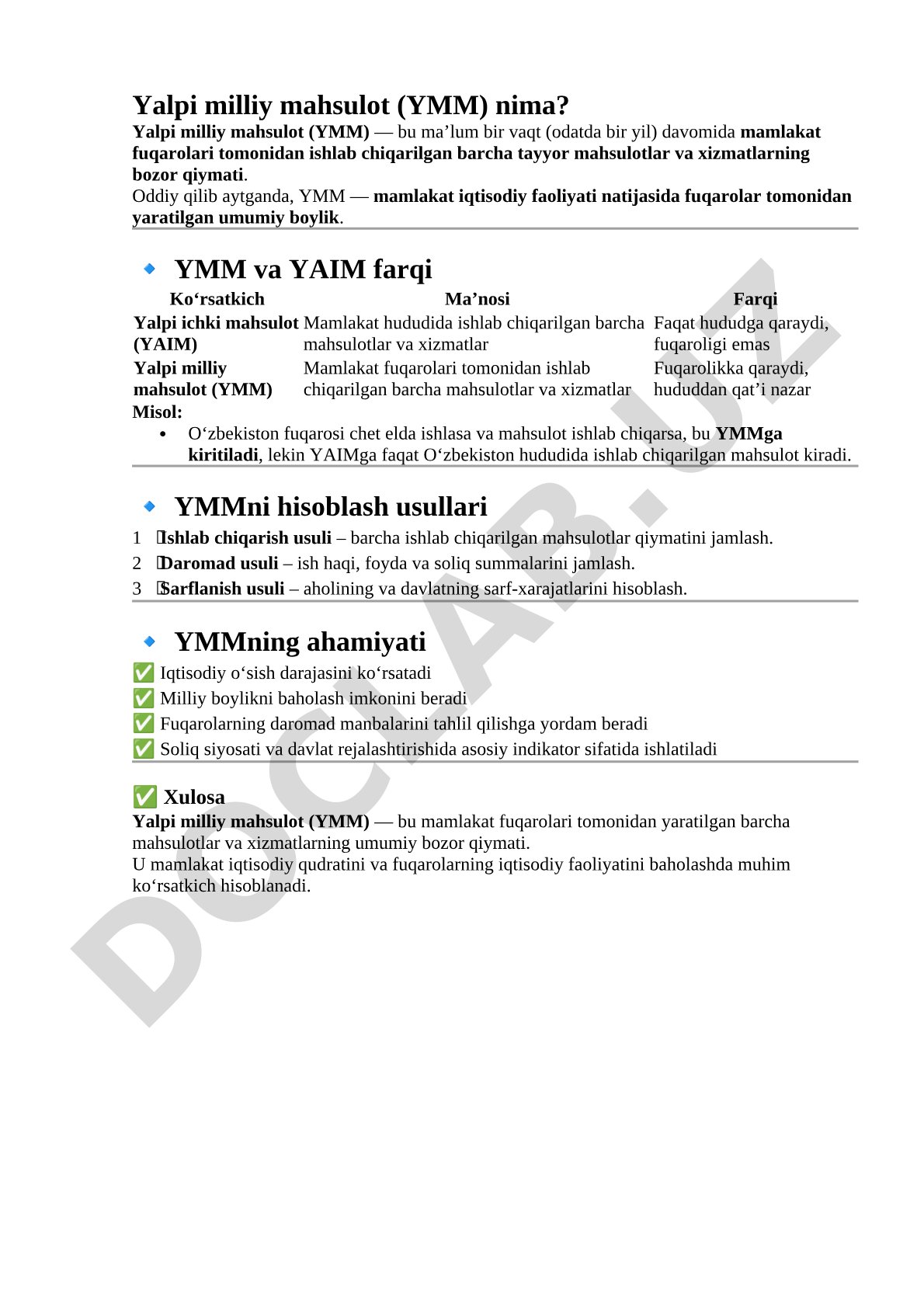 Yalpi milliy mahsulot (YMM) tushunchasi, hisoblash usullari va ahamiyati