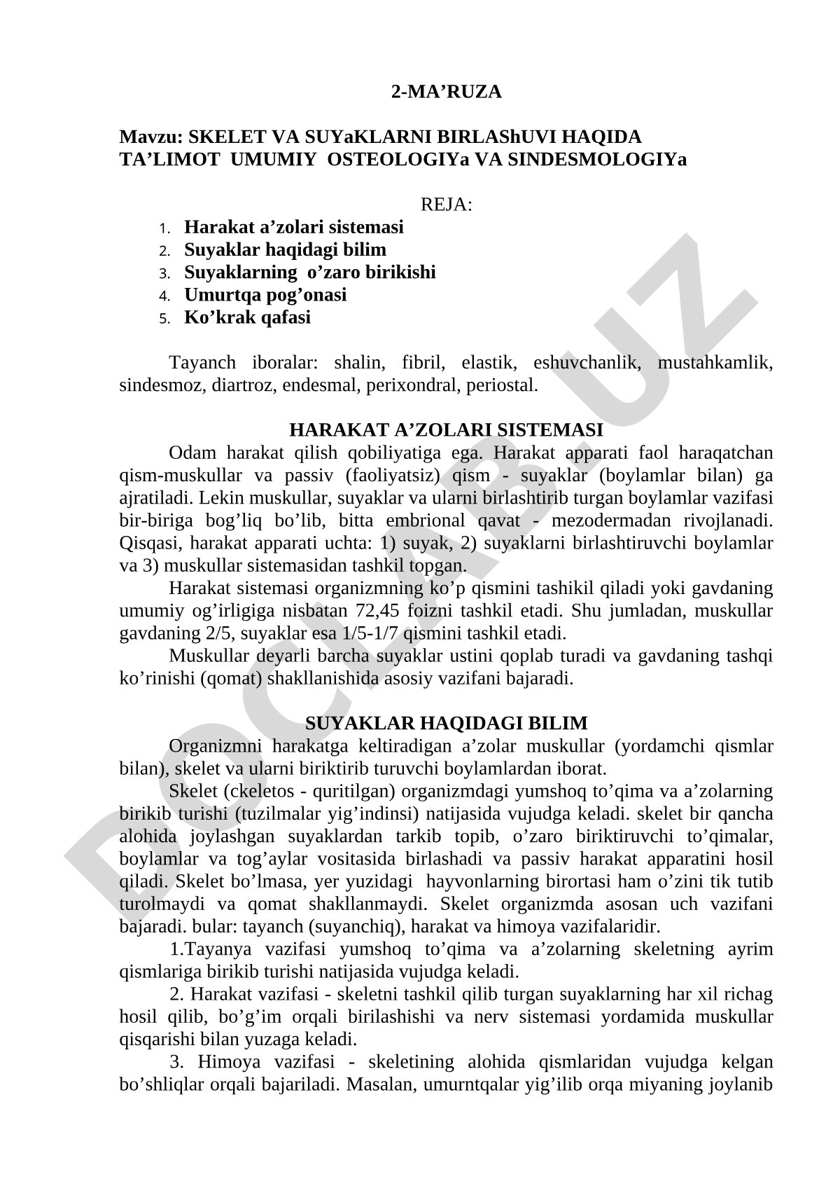 Skelet va suyaklarni birlashuvi haqida ta'limot: umumiy osteologiya va sindesmologiya