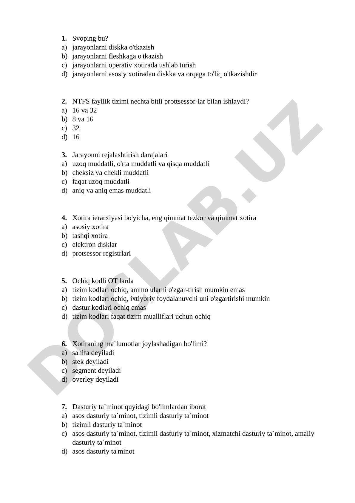 Operatsion tizimlar va xotira boshqaruvi bo'yicha test savollari