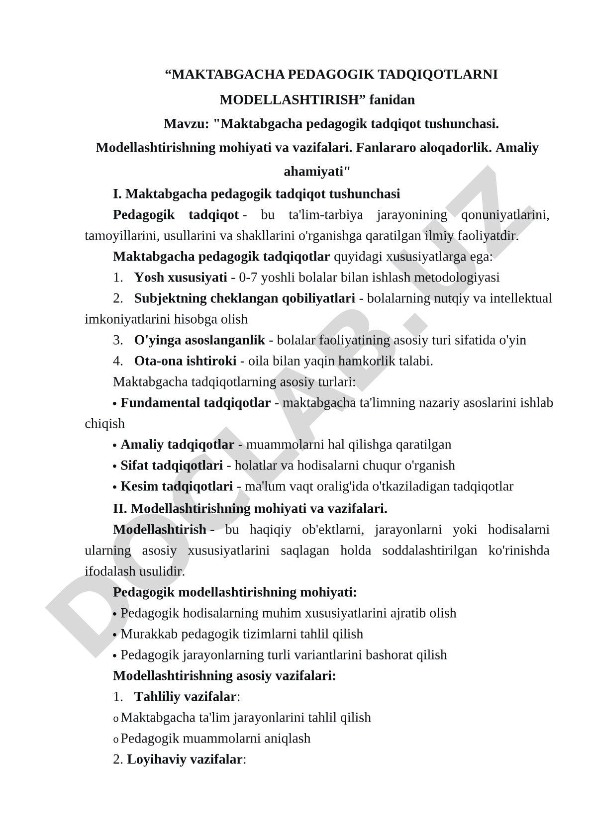 Maktabgacha pedagogik tadqiqot tushunchasi, modellashtirishning mohiyati va vazifalari