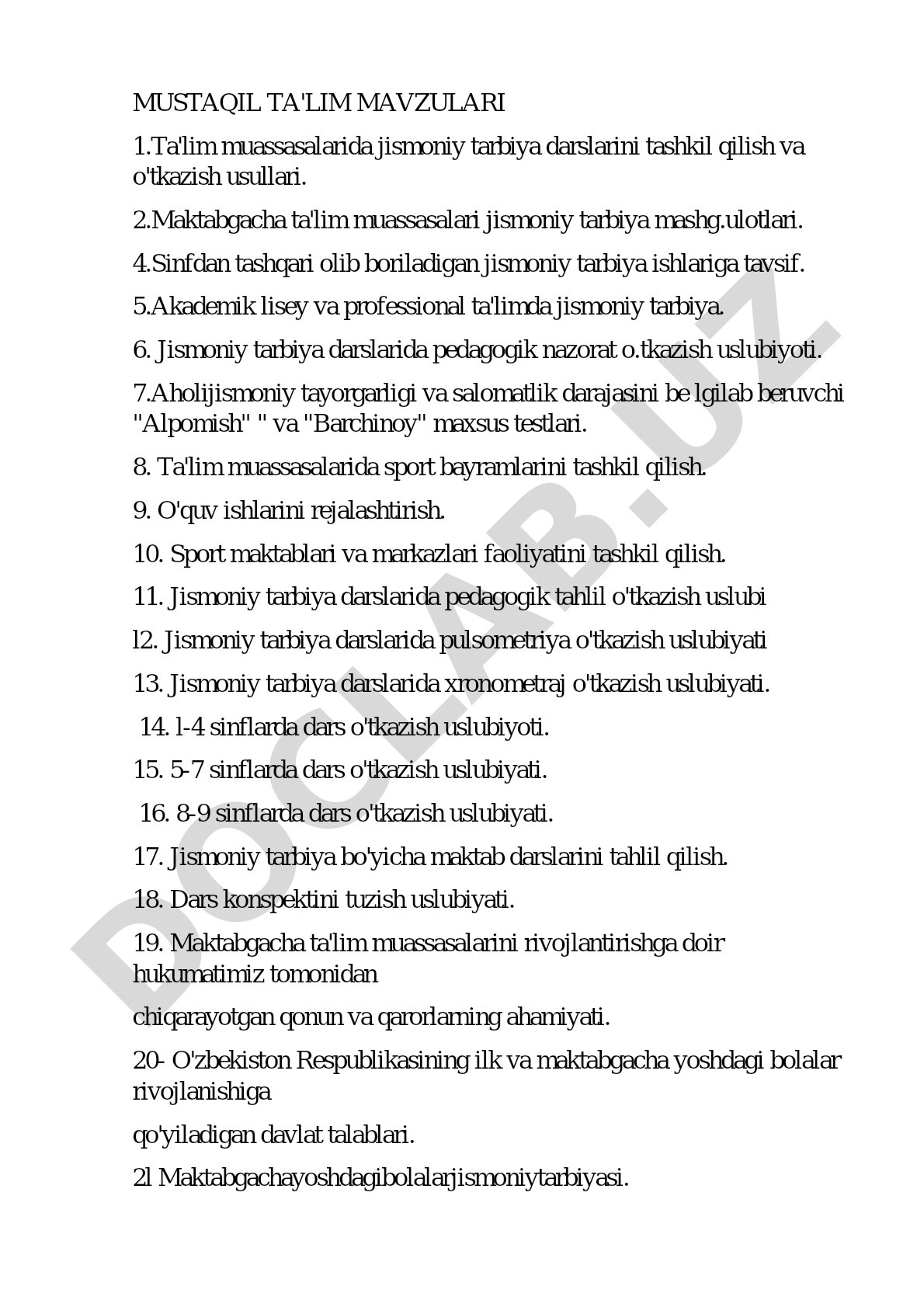 Mustaqil ta'lim mavzulari: jismoniy tarbiya darslarini tashkil qilish va o'tkazish usullari