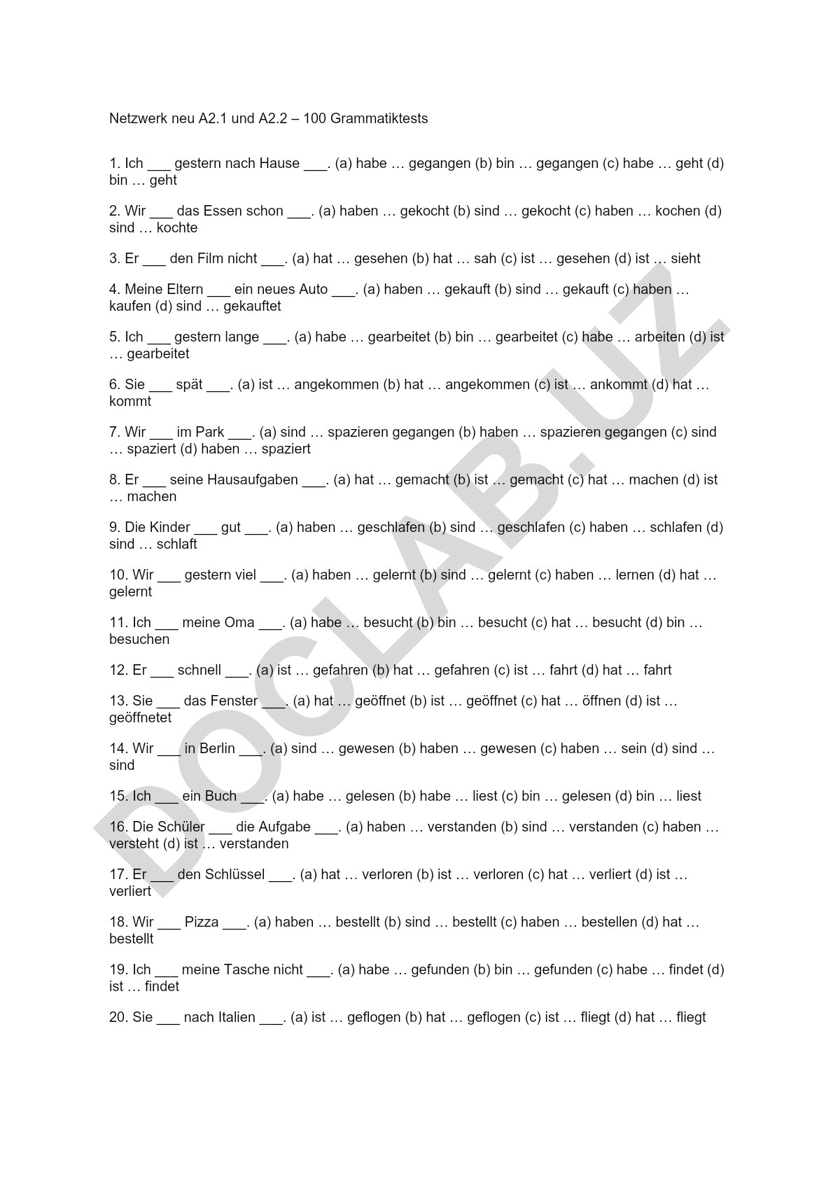 Netzwerk neu A2.1 va A2.2 darajalari uchun grammatik testlar