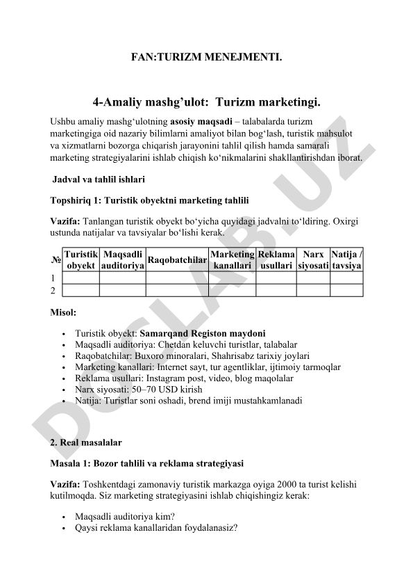 Turizm marketingi amaliy mashg'uloti