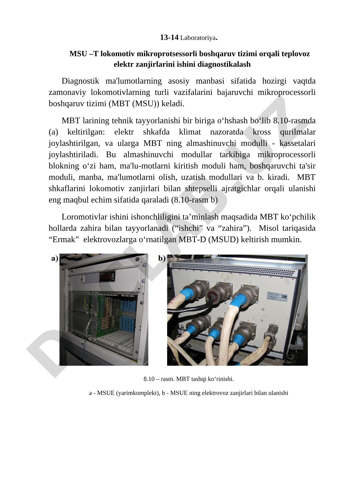 MSU–T lokomotiv mikroprotsessorli boshqaruv tizimi orqali teplovoz elektr zanjirlarini ishini diagnostikalash
