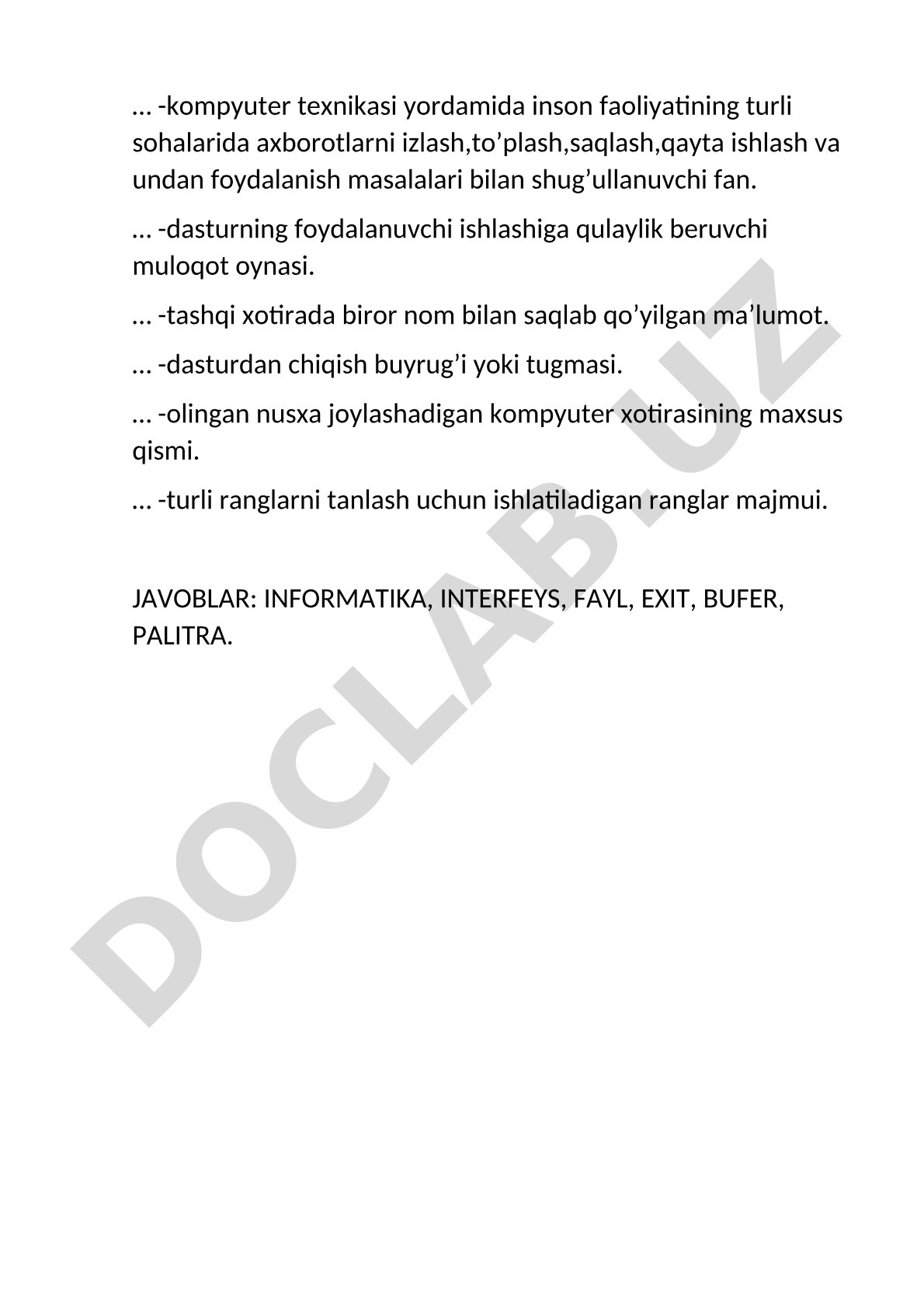 Informatika, interfeys, fayl, exit, bufer, palitra atamalarining ta'riflari keltirilgan