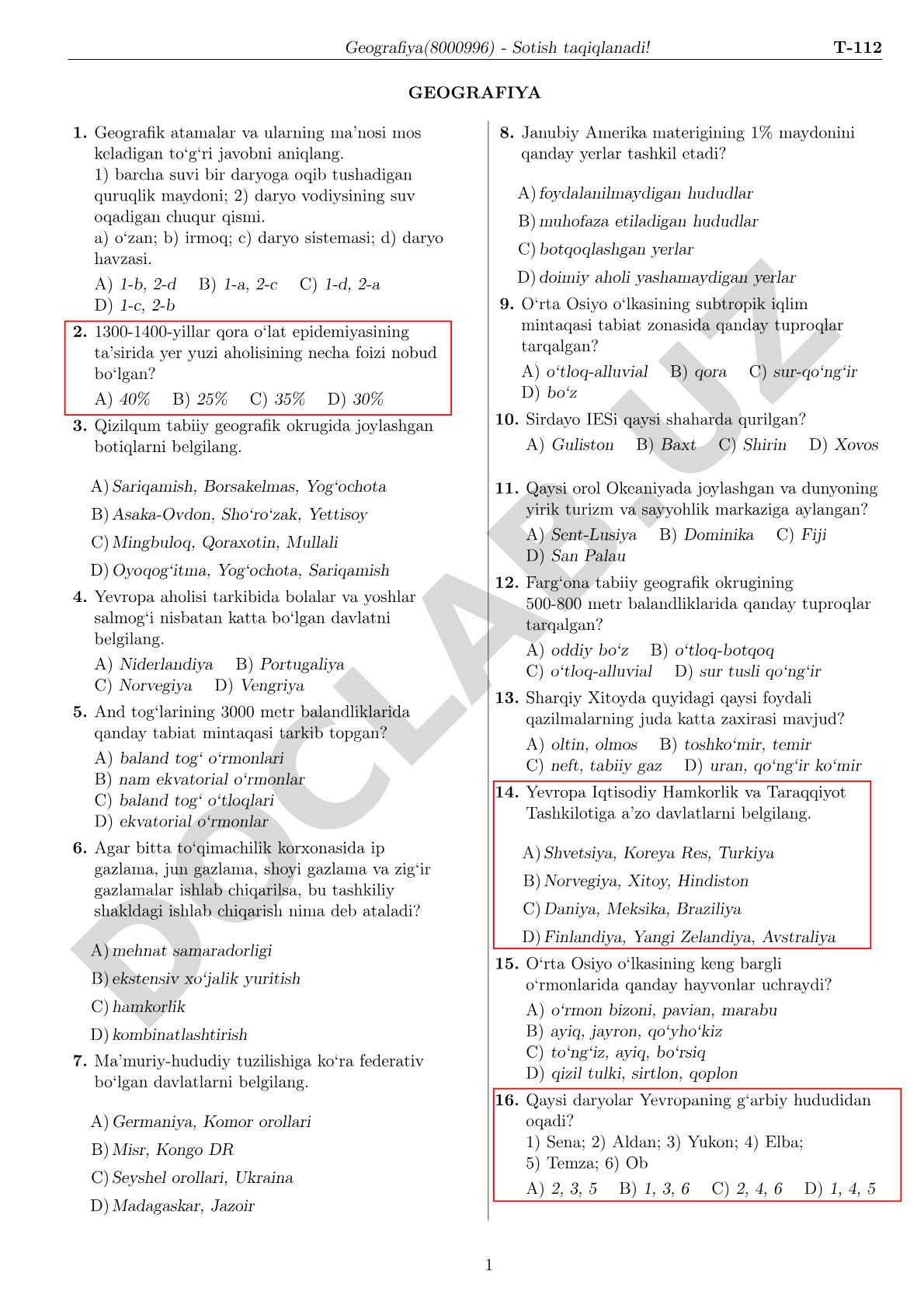 Geografiya test savollari