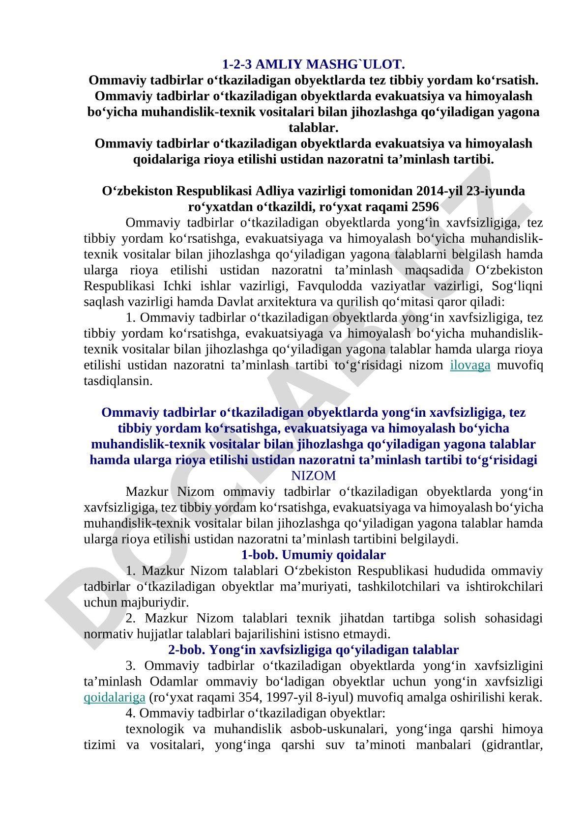 Ommaviy tadbirlar o‘tkaziladigan obyektlarda yong‘in xavfsizligi va tez tibbiy yordam ko‘rsatish talablari
