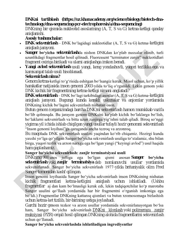 DNK sekvenirlash usullari va tamoyillari