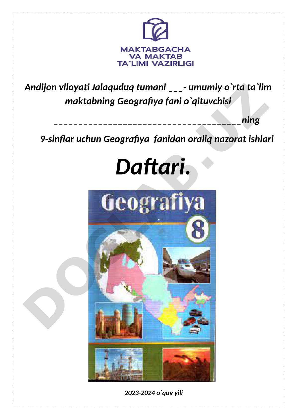 9-sinflar uchun Geografiya fanidan oraliq nazorat ishlari daftari