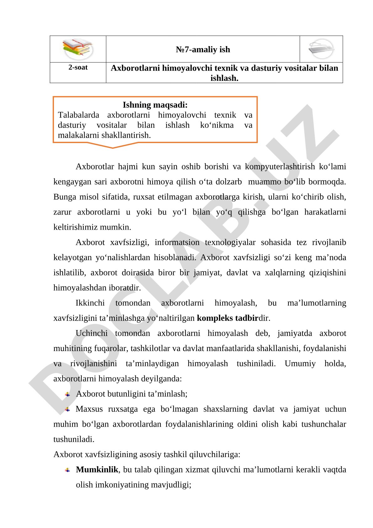 Axborotlarni himoyalovchi texnik va dasturiy vositalar bilan ishlash