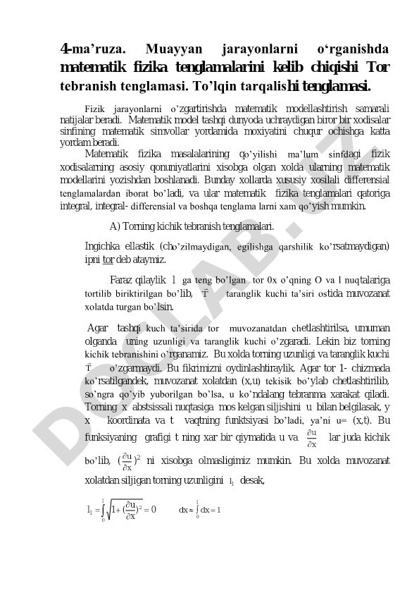 Matematik fizika tenglamalari va tor tebranish tenglamasi