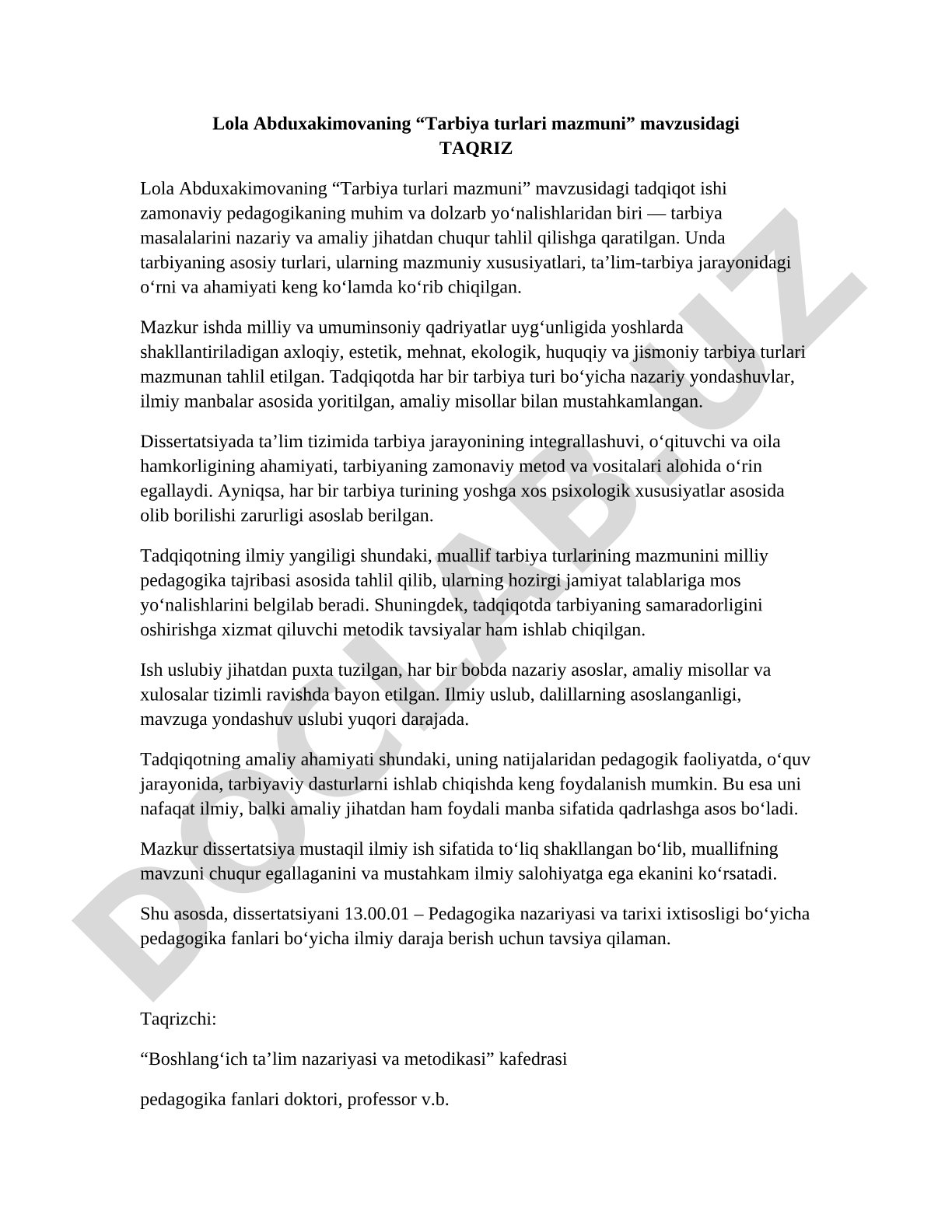 Tarbiya turlari mazmuni mavzusidagi tadqiqot ishiga taqriz