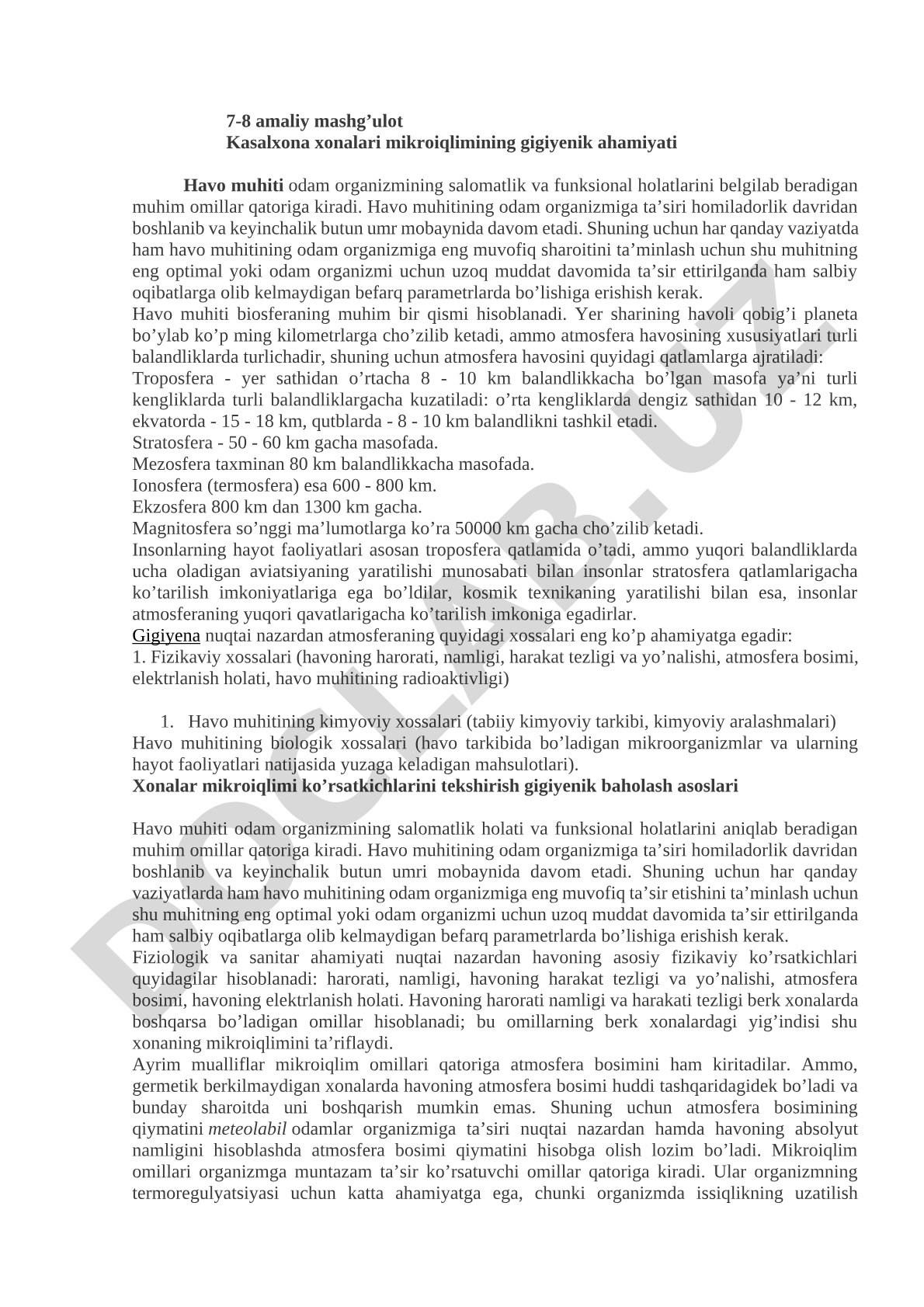 7-8 amaliy mashg’ulot Kasalxona xonalari mikroiqlimining gigiyenik ahamiyati