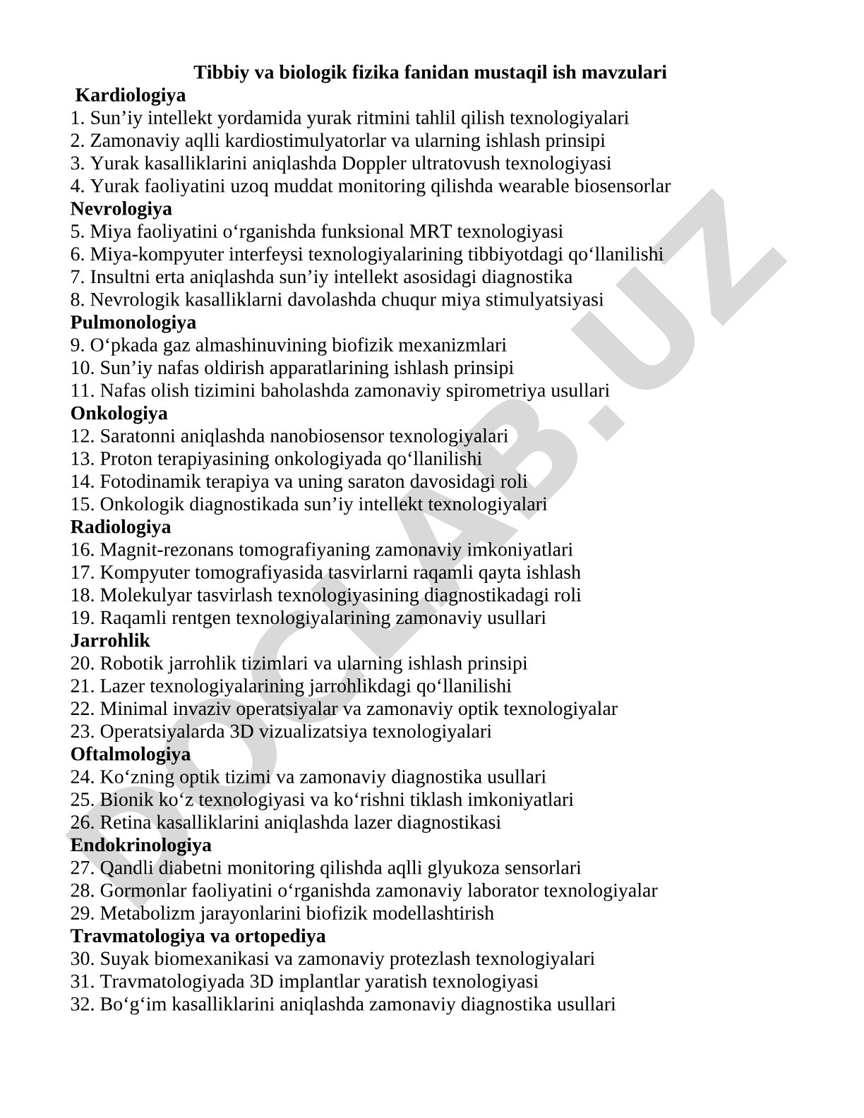 Tibbiy va biologik fizika fanidan mustaqil ish mavzulari