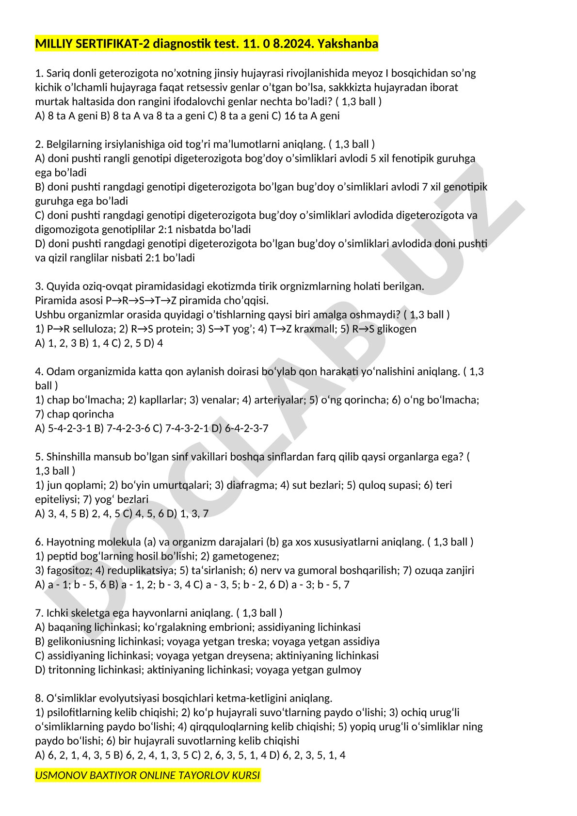 Milliy sertifikat-2 diagnostik test