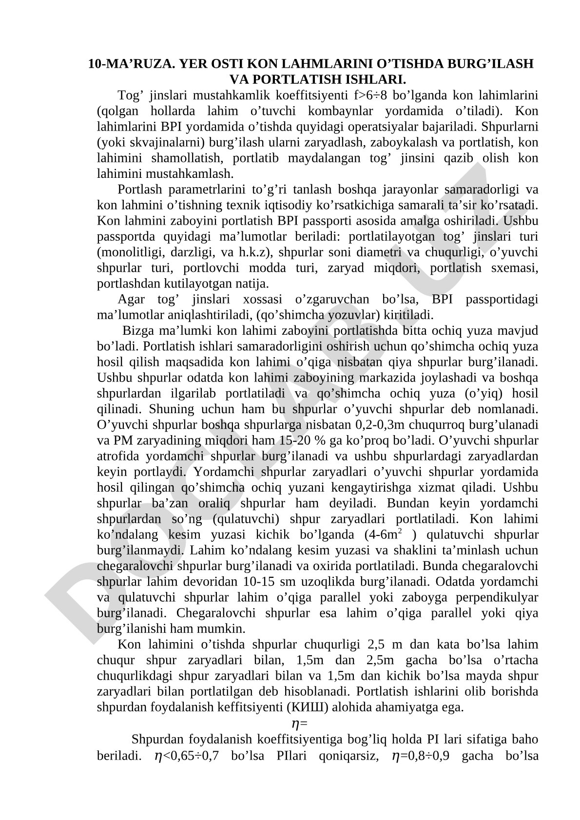 Yer osti kon lahimlarini o’tishda burg’ilash va portlatish ishlari