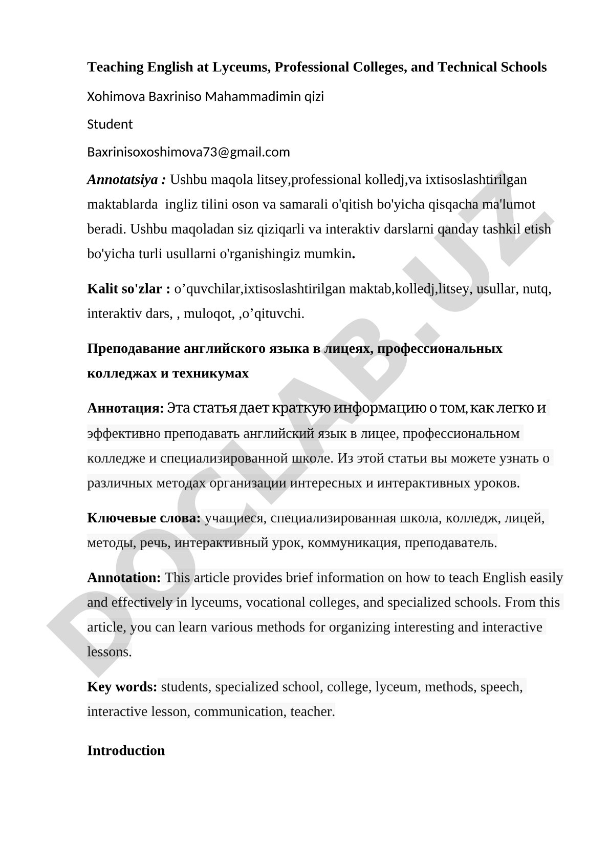 Litsey, professional kolledj va ixtisoslashtirilgan maktablarda ingliz tilini o'qitish