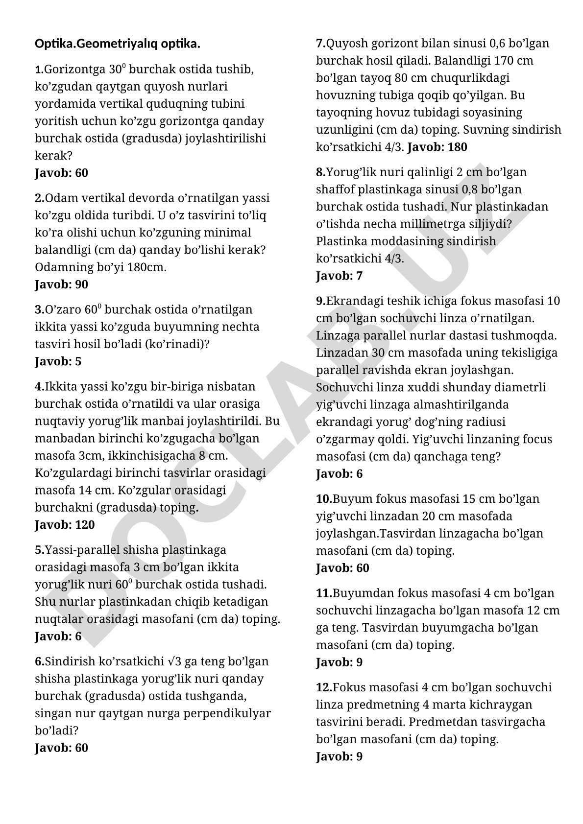 Geometrik optikadan masalalar to'plami