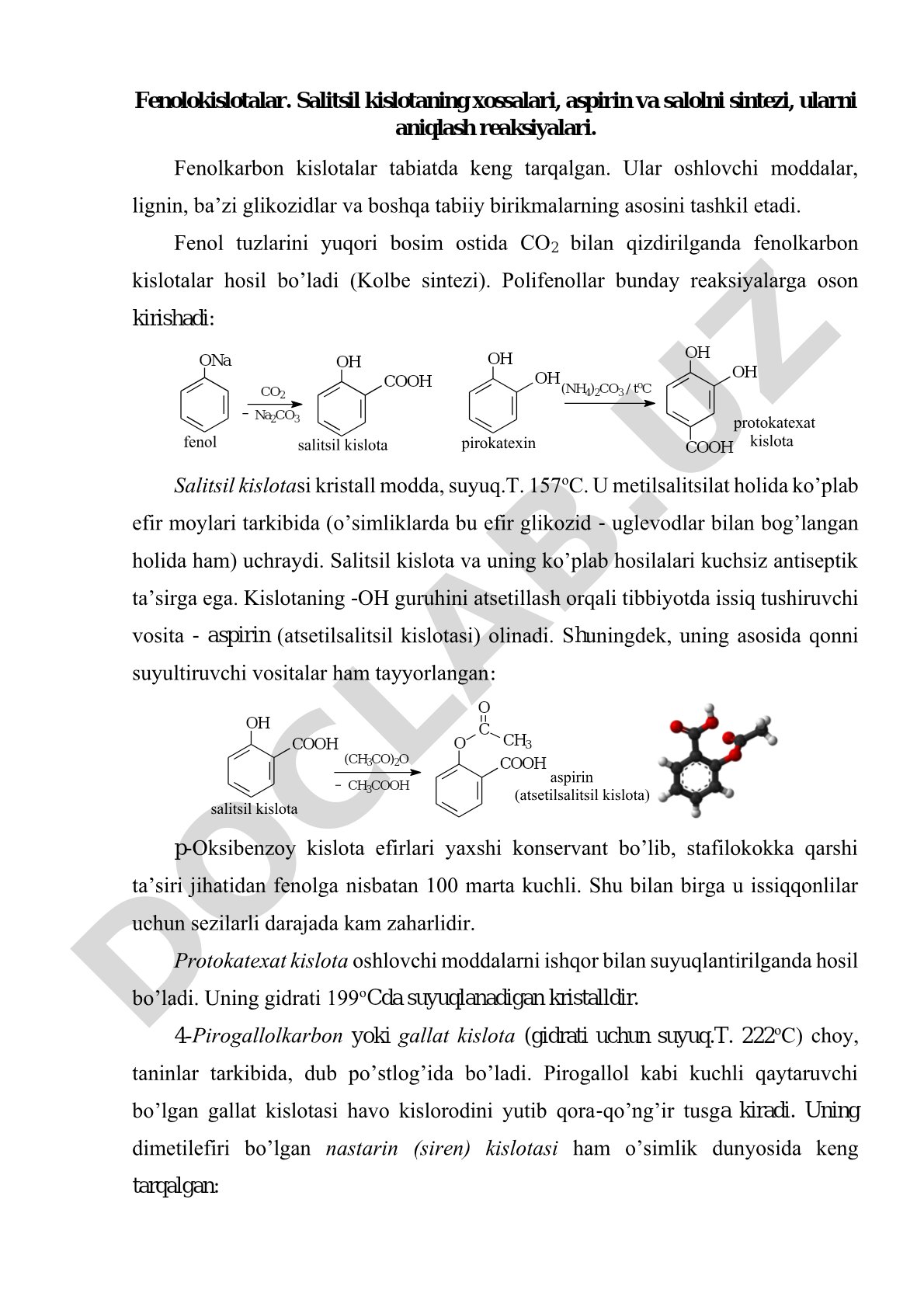 Fenolokislotalar, salitsil kislota xossalari, aspirin va salol sintezi