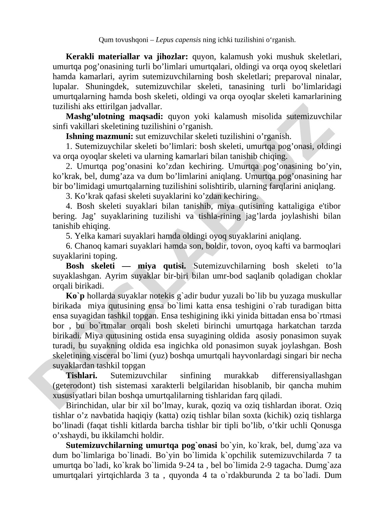 Sutemizuvchilar skeletining tuzilishini o‘rganish