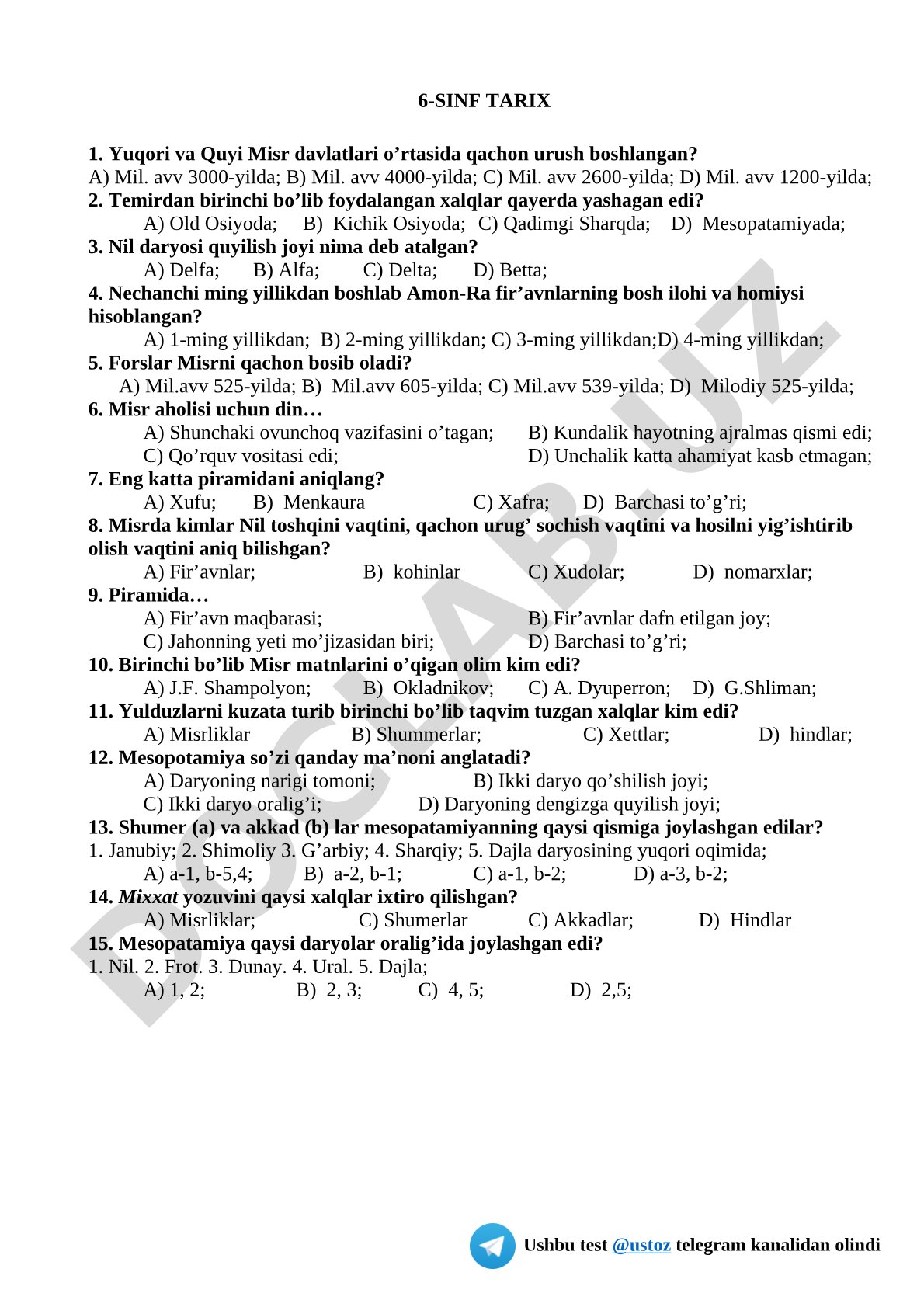 Qadimgi Misr tarixi test savollari