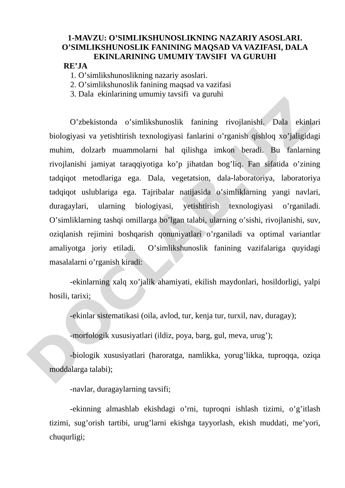 O’simlikshunoslikning nazariy asoslari. O’simlikshunoslik fanining maqsad va vazifasi, dala ekinlarining umumiy tavsifi va guruhi