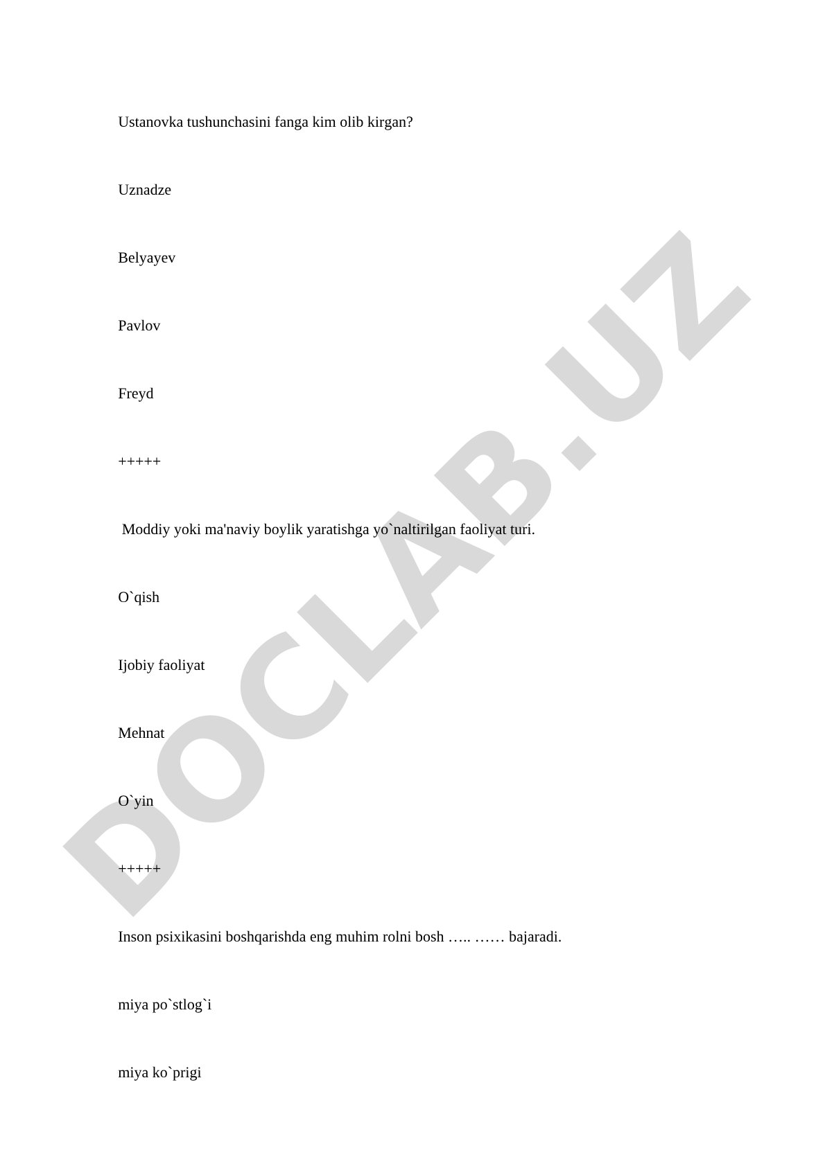 Psixologiya fanidan test savollari: individ, shaxs va faoliyat
