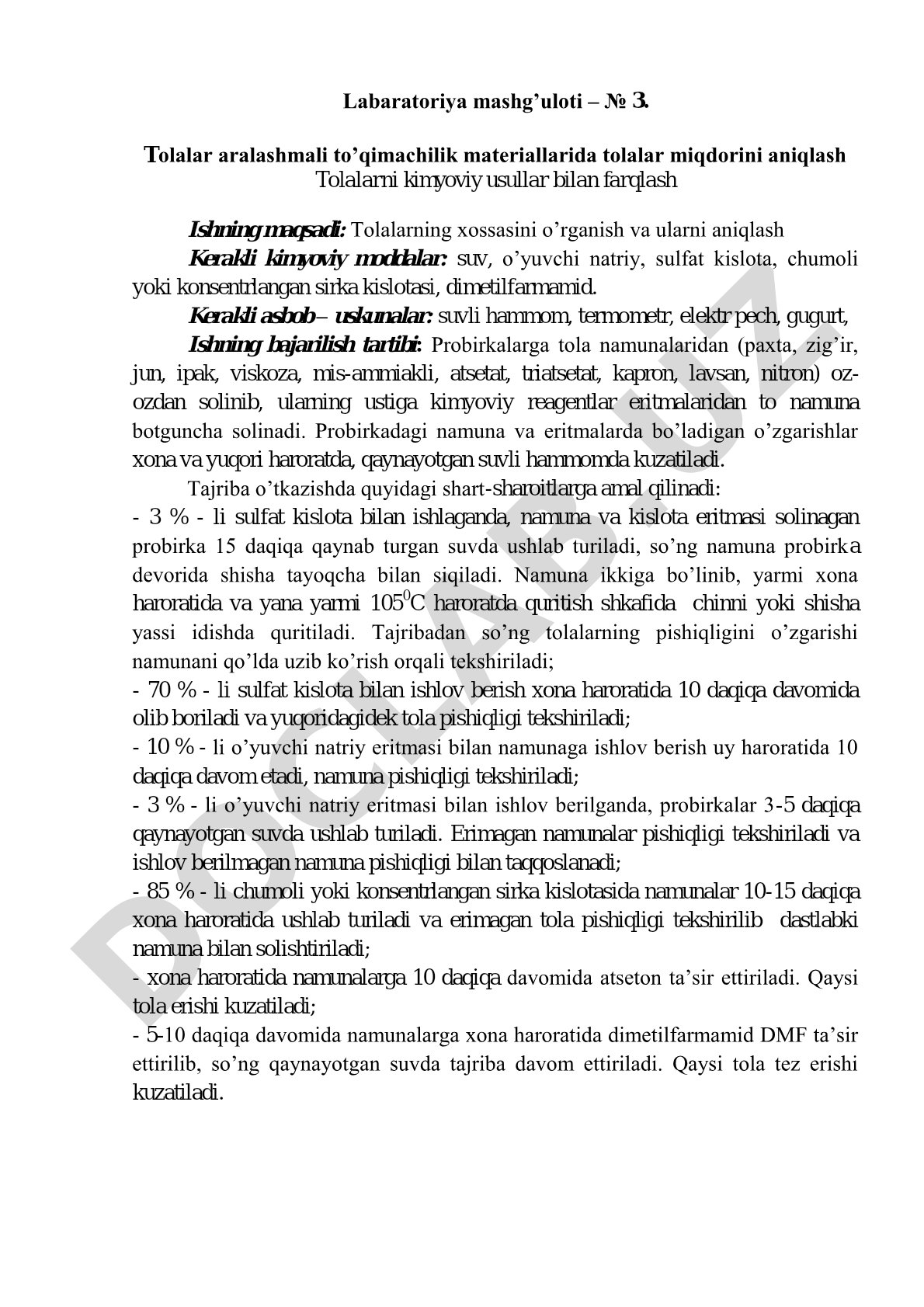Tolalar aralashmali to'qimachilik materiallarida tolalar miqdorini aniqlash
