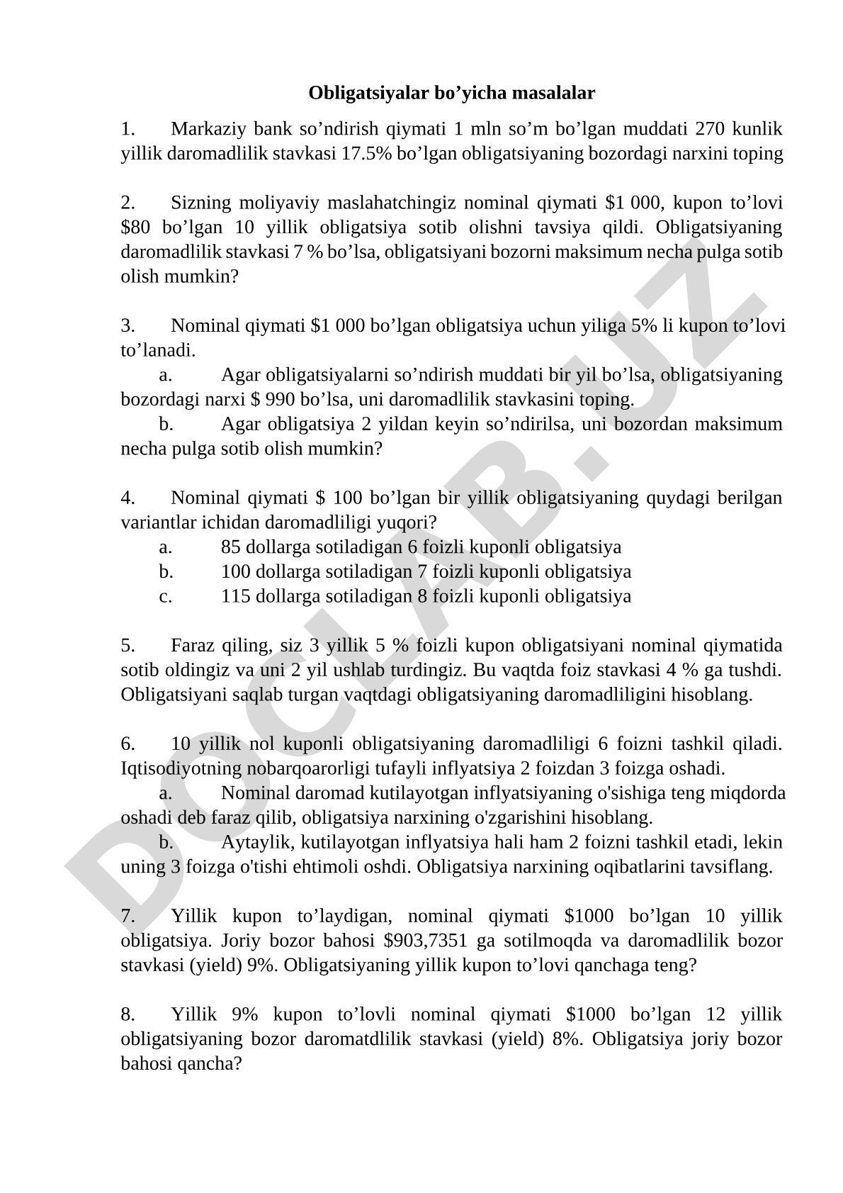 Obligatsiyalar bo’yicha masalalar: narx, daromadlilik, kupon to’lovlari