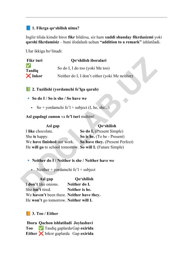 Ingliz tilida fikrga qo'shilish qoidalari