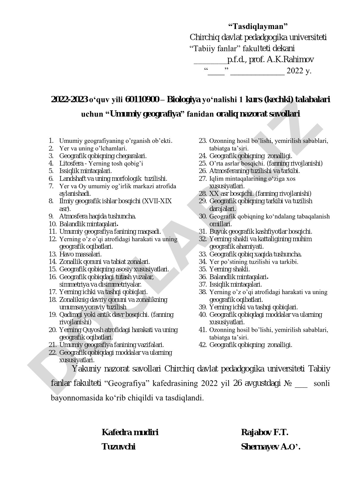 Umumiy geografiya fanidan oraliq nazorat savollari