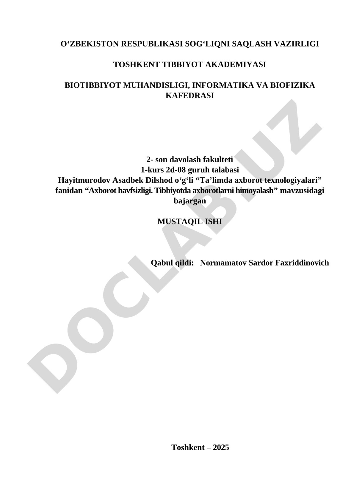 Axborot havfsizligi. Tibbiyotda axborotlarni himoyalash
