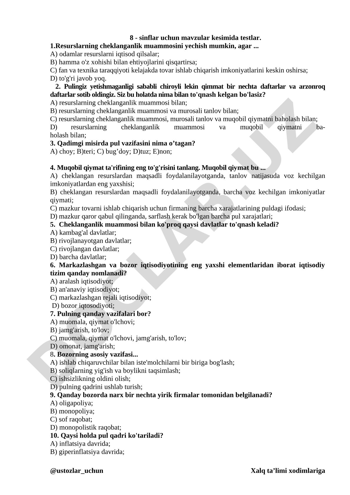 8 - sinflar uchun mavzular kesimida testlar